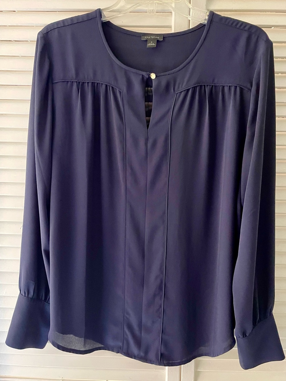 Ann Taylor Deep Navy Long-Sleeve Split-Neck Blouse